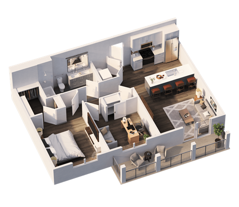 Floor plan for 1 bed, 1 bath, 885 sqft